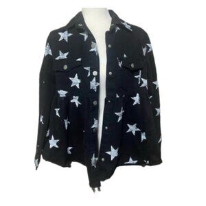 NWOT black white fit and flare star graphic novelty print denim jacket raw hem S
